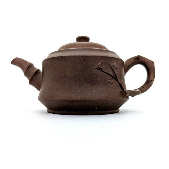 Yixing Teapot Chinese Unglazed w Bamboo Motif Handmade Zisha Clay Signed - Picture 3 of 11